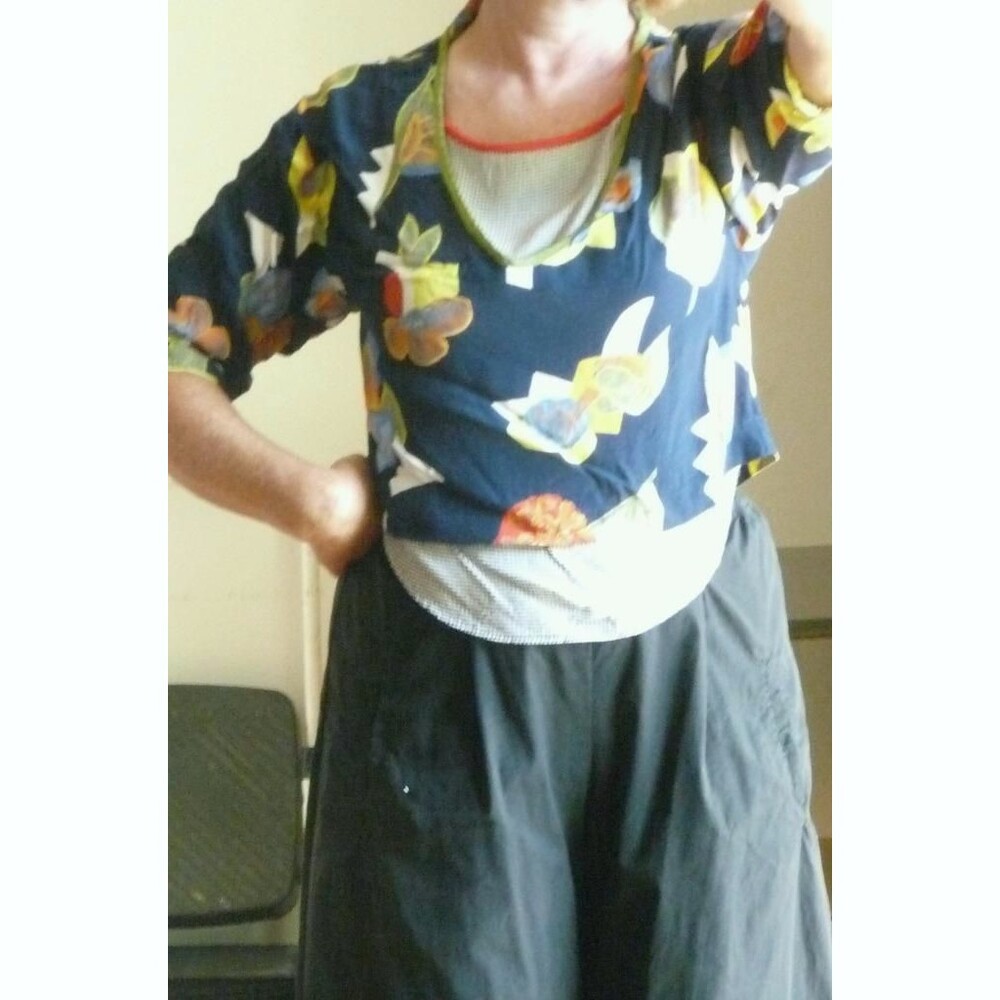 Vintage Dorothy Schoelen Layered Navy white gingham check Bold Mod Floral Top S